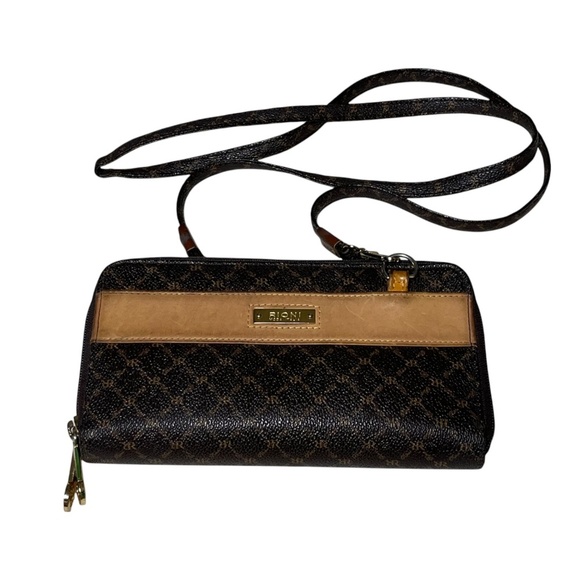Rioni Moda Italia Signature Brown & Tan Continental Wallet Dual Zip Crossbody - Picture 1 of 10